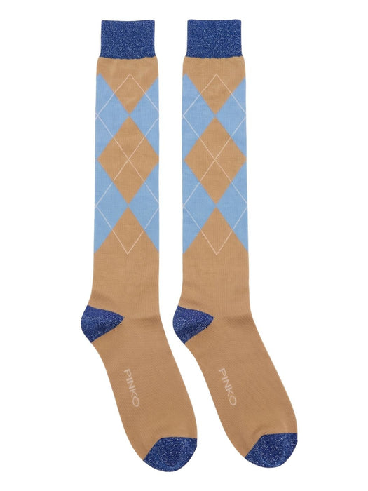 Pinko Women's Beige Blue Argyle Knee-High Socks-M