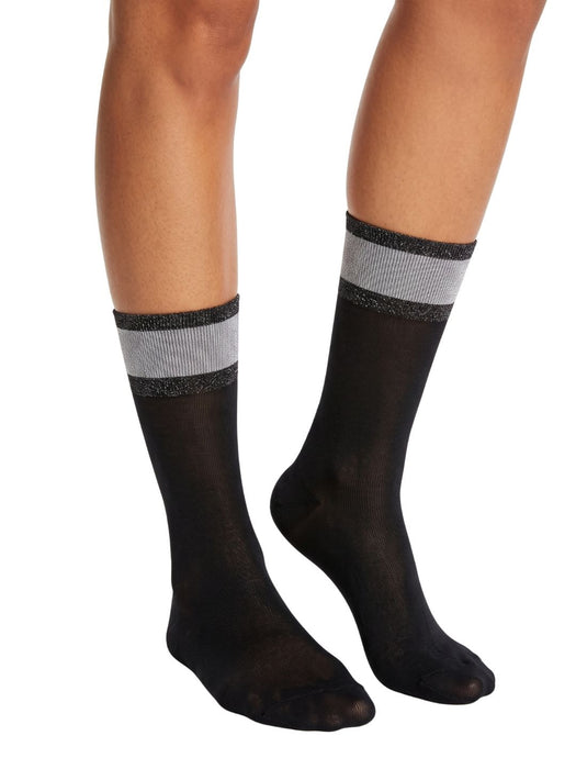Pinko Women's Black Silver Sheer Crew Socks-M