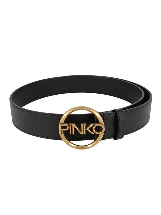Pinko Women's Black Round Logo-Buckle Leather Belt-Medium