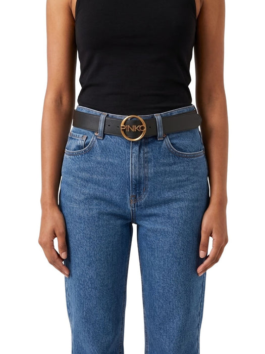 Pinko Women's Black Round Logo-Buckle Leather Belt-Medium