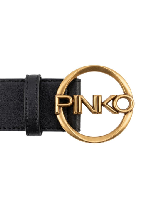 Pinko Women's Black Round Logo-Buckle Leather Belt-Medium