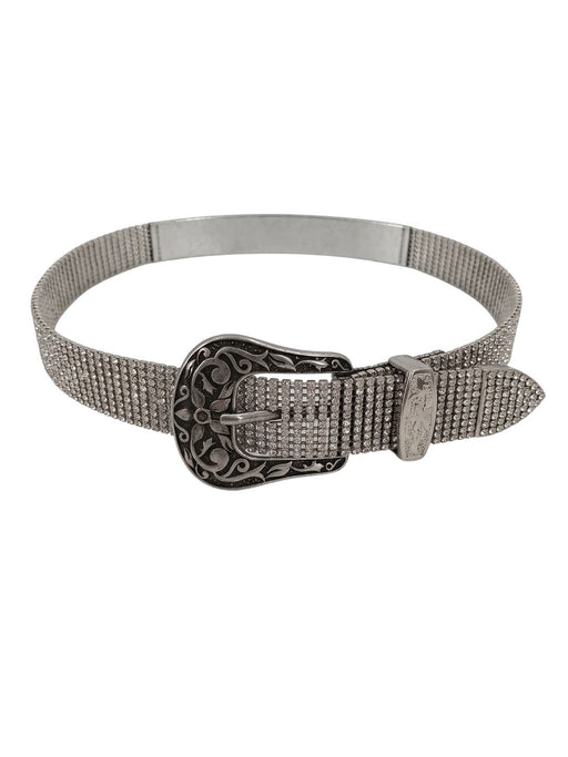 Pinko Women's Silver Crystal Buckle Leather Belt-Small