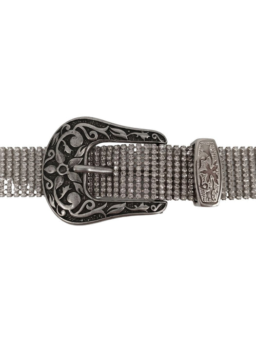 Pinko Women's Silver Crystal Buckle Leather Belt-Small