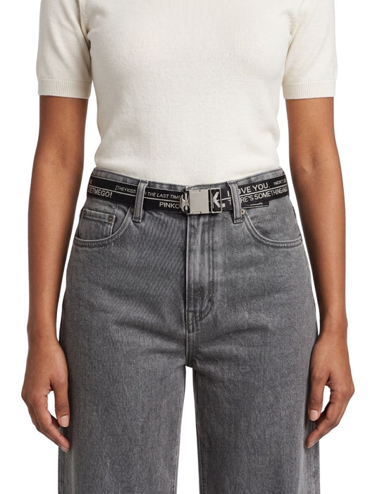Pinko Women's Black,Silver Logo Jacquard Polyester Belt-Medium