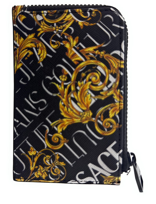Versace Jeans Couture Black Baroque Print Compact Wallet Cardholder