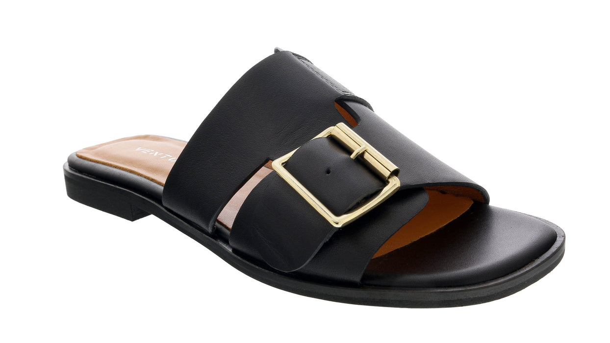 Ventutto Black Buckle Flat Leather Slide-7
