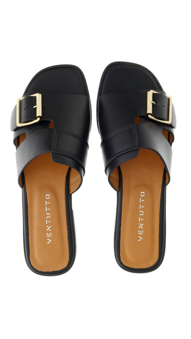 Ventutto Black Buckle Flat Leather Slide-
