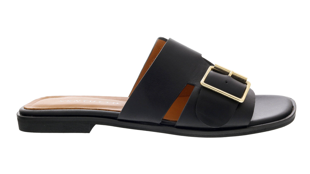 Ventutto Black Buckle Flat Leather Slide-