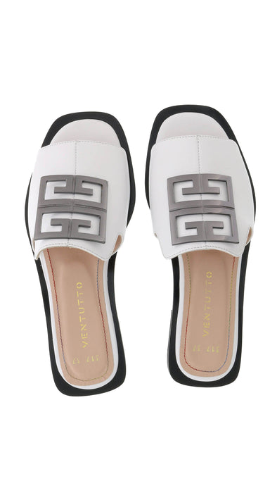 Ventutto White Crest Flat Leather Slide-