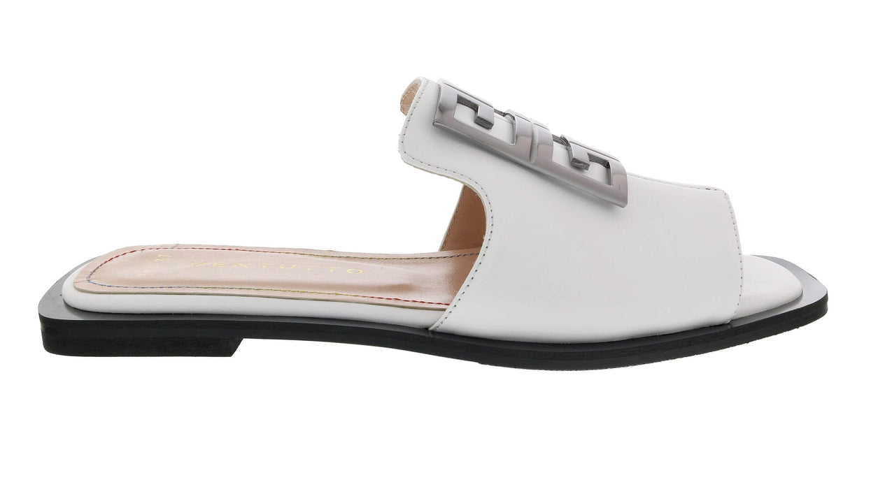 Ventutto White Crest Flat Leather Slide-
