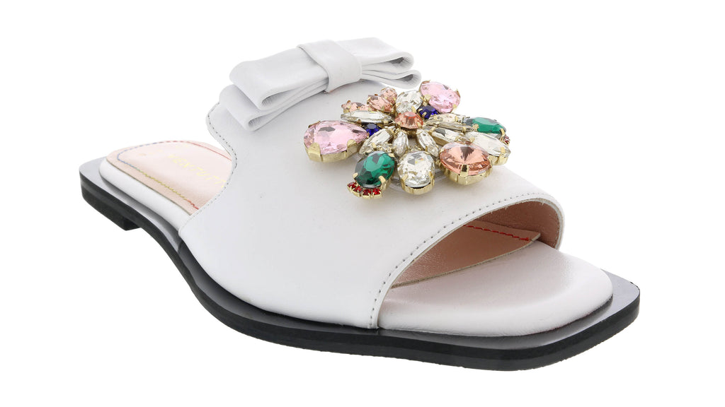 Ventutto White Crystal Embellished Bow Flat Leather Slide-8