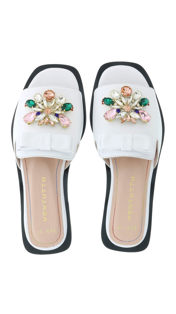 Ventutto White Crystal Embellished Bow Flat Leather Slide-