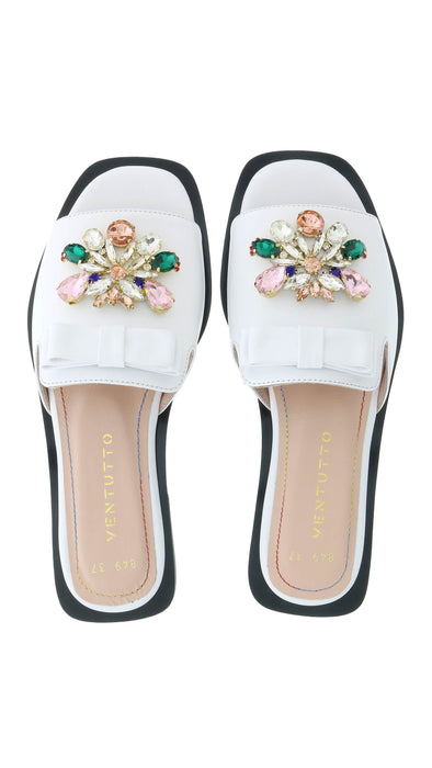 Ventutto White Crystal Embellished Bow Flat Leather Slide-