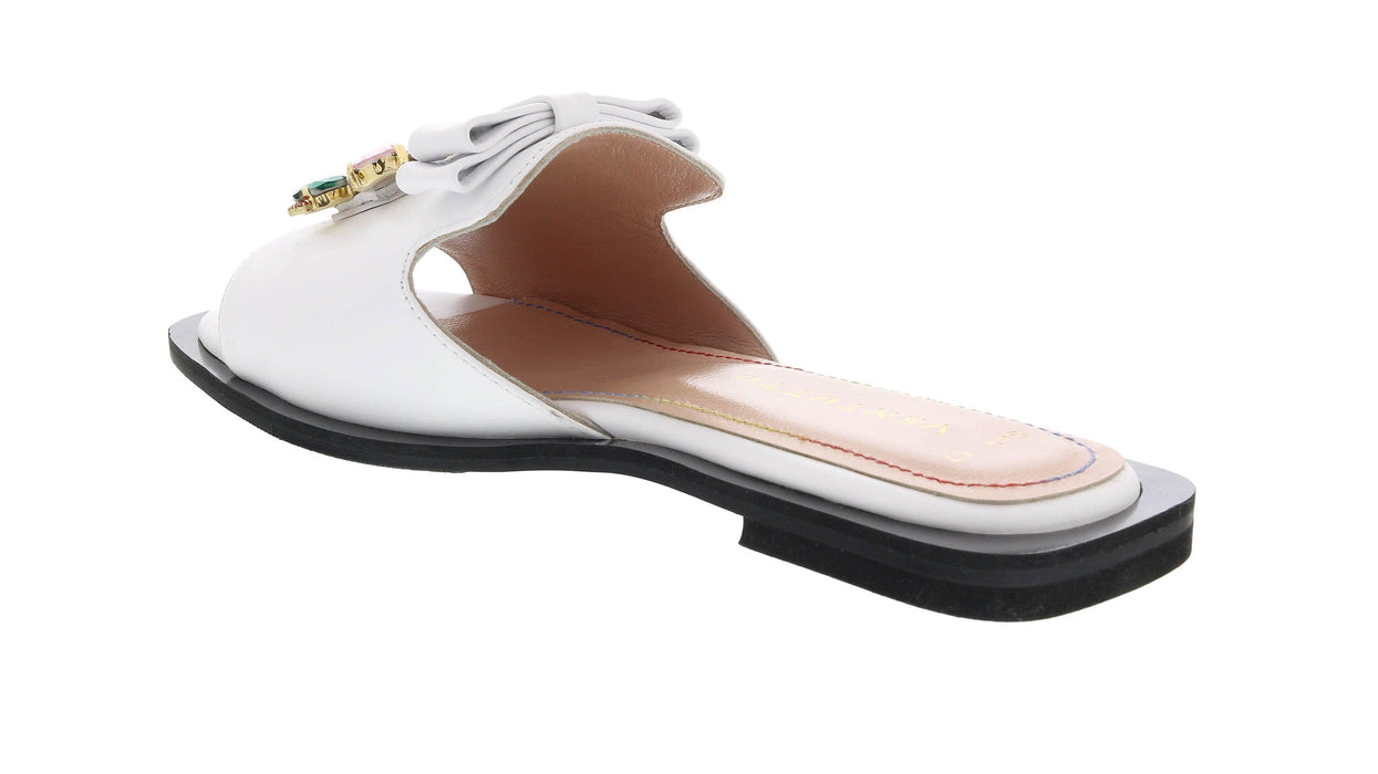 Ventutto White Crystal Embellished Bow Flat Leather Slide-