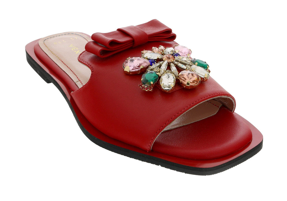 Ventutto Red Crystal Embellished Bow Flat Leather Slide-