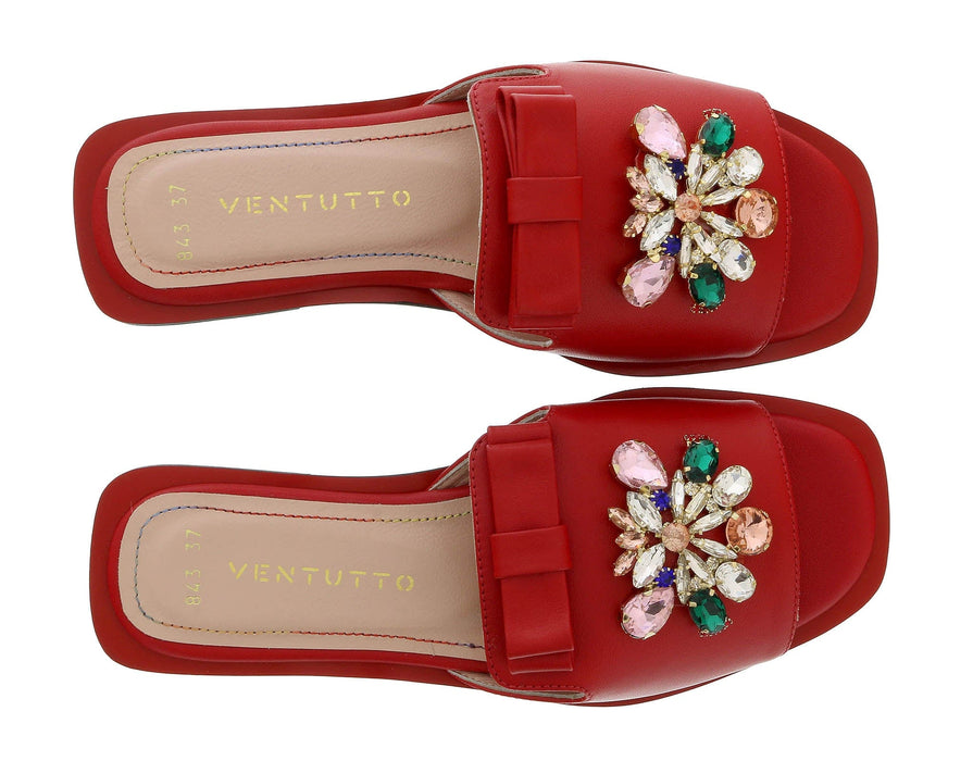 Ventutto Red Crystal Embellished Bow Flat Leather Slide-