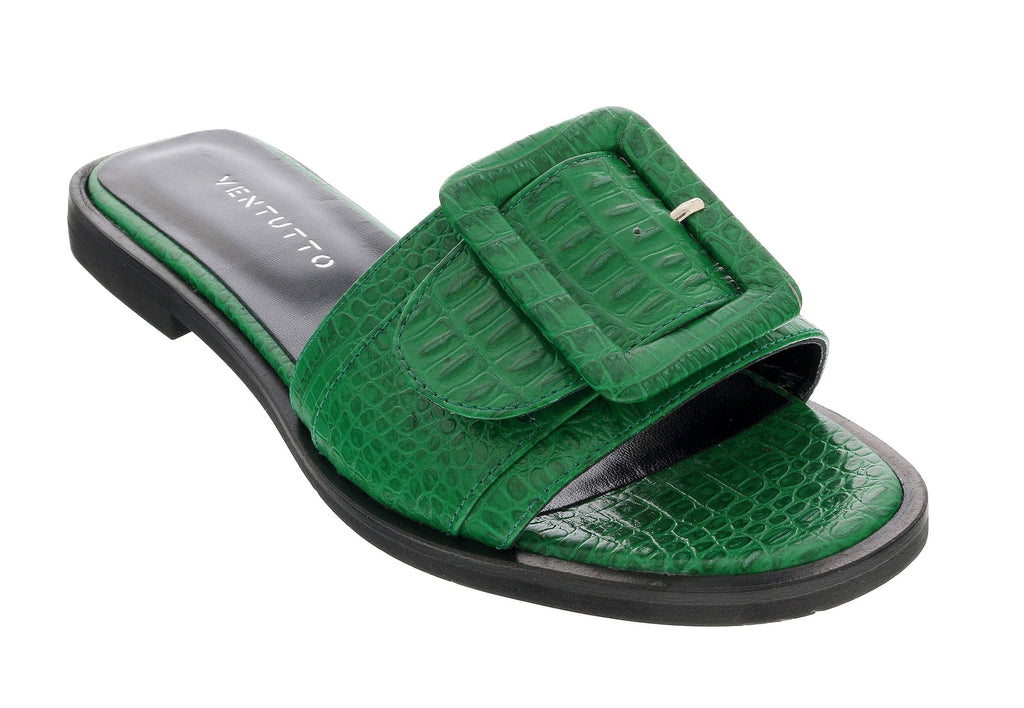 Ventutto Green Wide Buckle Flat Leather Slide-6