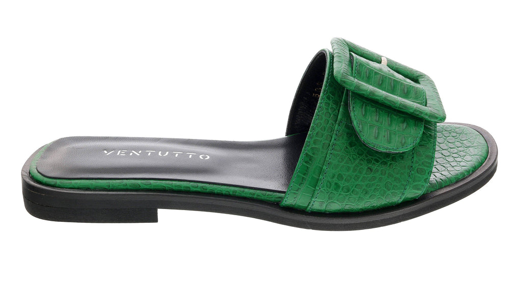 Ventutto Green Wide Buckle Flat Leather Slide-