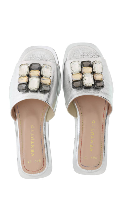Ventutto Silver Crystal Embellished Leather Slide-