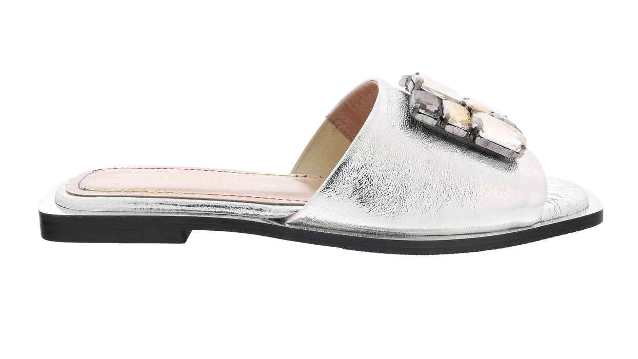 Ventutto Silver Crystal Embellished Leather Slide-