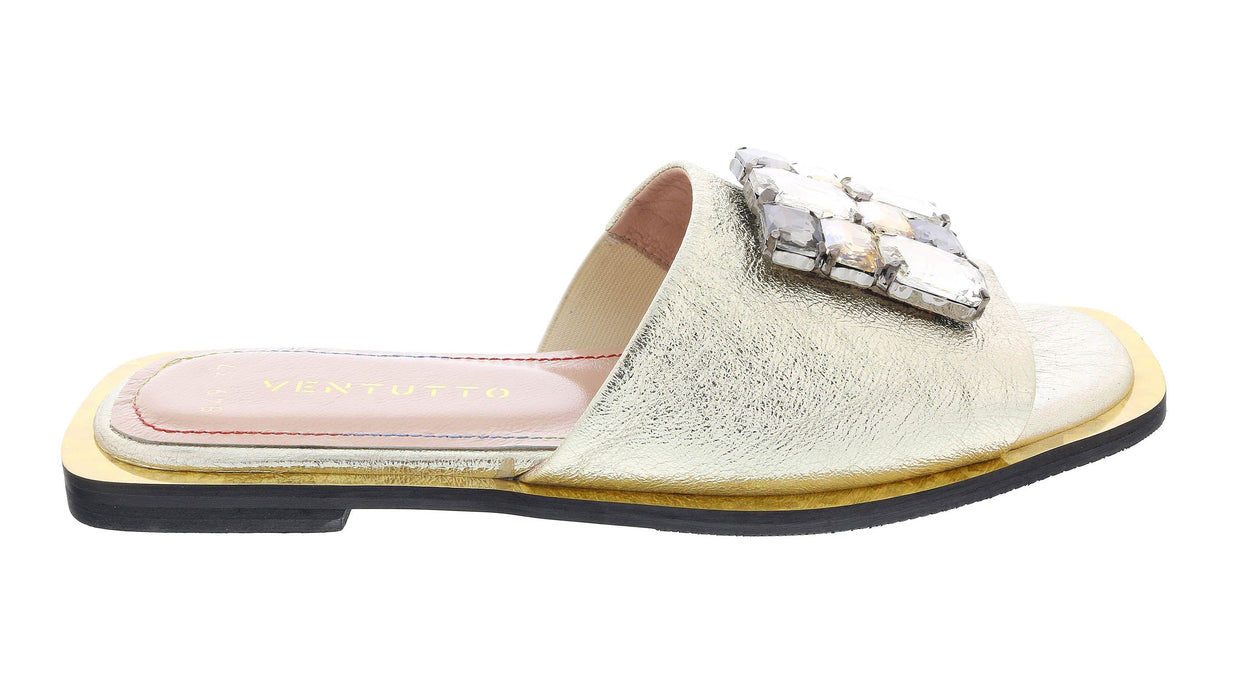 Ventutto Gold Crystal Embellished Leather Slide-