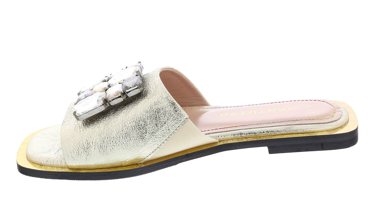 Ventutto Gold Crystal Embellished Leather Slide-