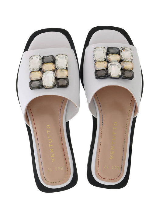Ventutto White Crystal Embellished Leather Slide-