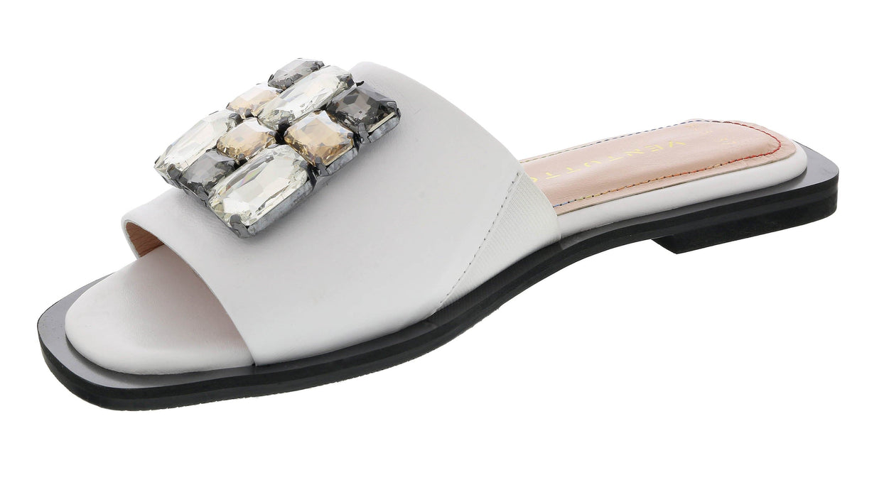 Ventutto White Crystal Embellished Leather Slide-