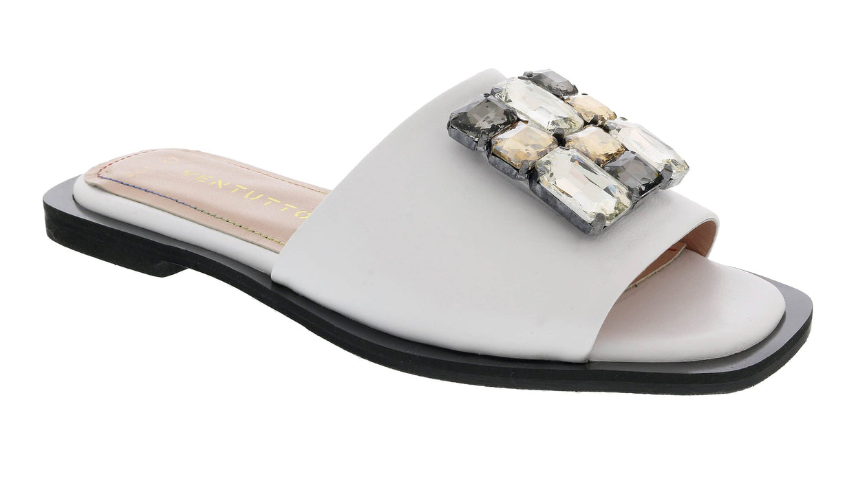 Ventutto White Crystal Embellished Leather Slide-