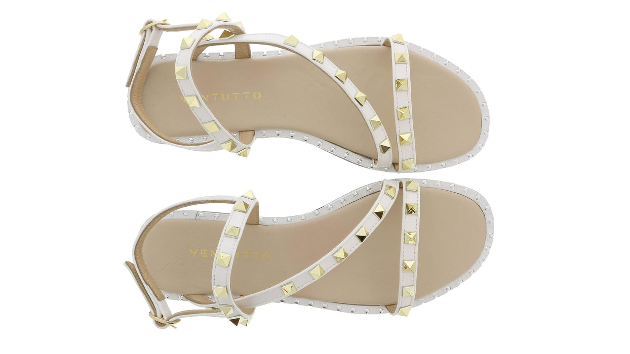 Ventutto White Riveted Embellished Strappy Sandals-