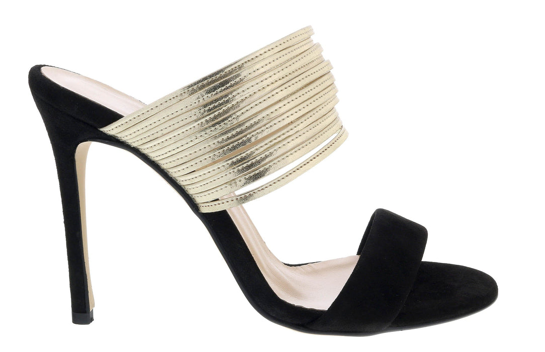Ventutto Black/Gold Open Toe Slip On High Heel Sandals-