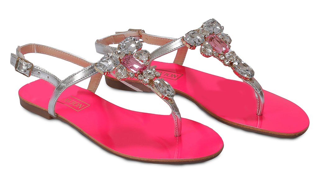 Ventutto Rio Fuschia Silver Crystal Cluster T-Strap Sandal-11