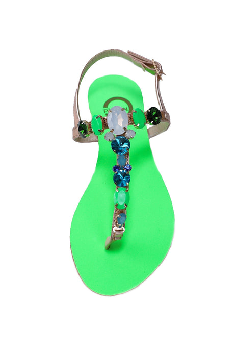 Ventutto Rio Bright Green Silver Crystal Cluster T-Strap Sandal