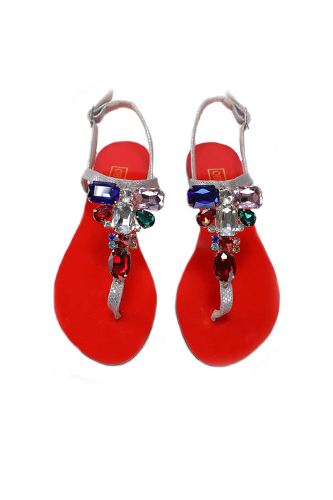 Ventutto Rio Red Silver Crystal Cluster T-Strap Sandal