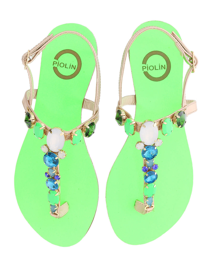 Ventutto Rio Green Crystal Cluster T-Strap Sandal