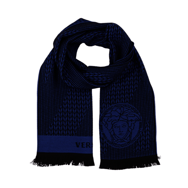 Versace Royal Blue Herringbone Mens Wool Scarf Made in Italy