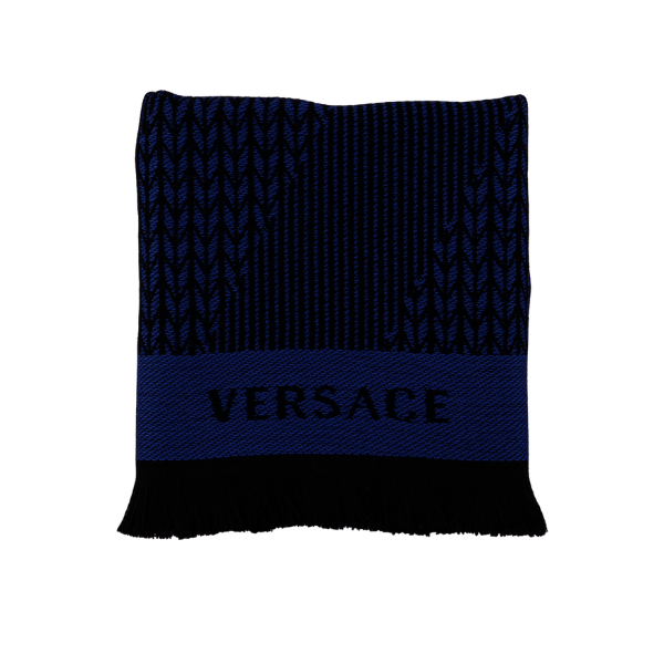 Versace Royal Blue Herringbone Mens Wool Scarf Made in Italy