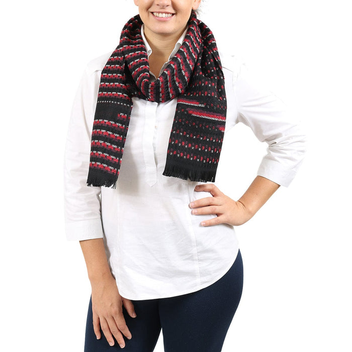Missoni Black Red Geometric Wool Blens Knit Fringe Scarf