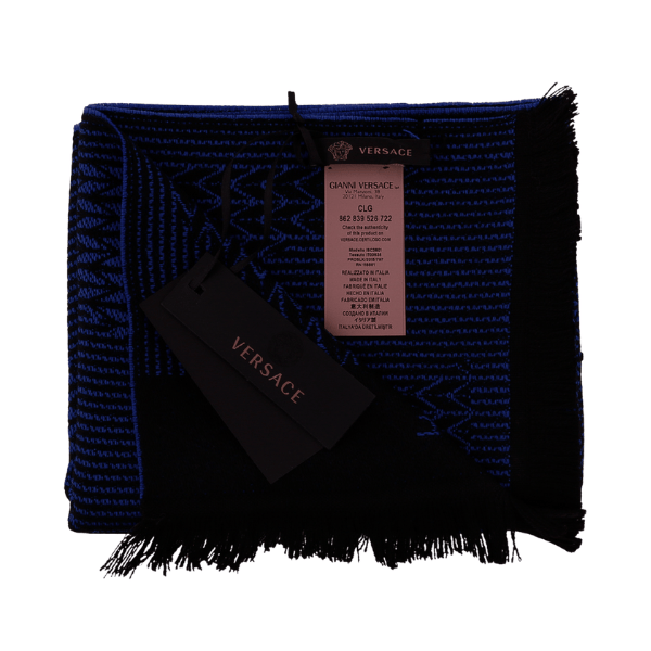 Versace Royal Blue Herringbone Mens Wool Scarf Made in Italy
