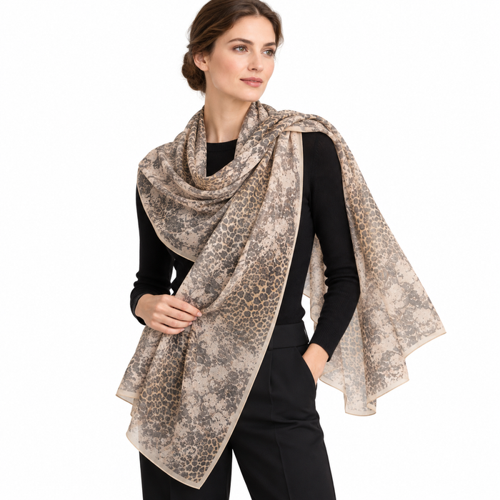 Ungaro UN7018 S7802 Animal Print Brown Silk Scarf