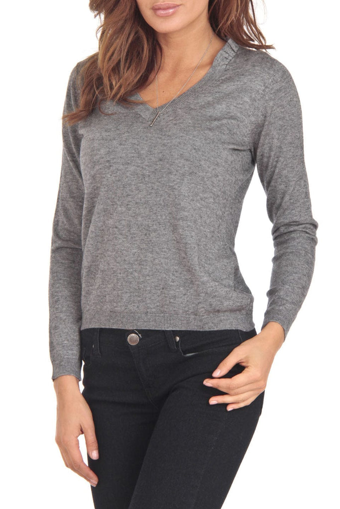 Cashmere Blend Grey V-Neck Sweater-L