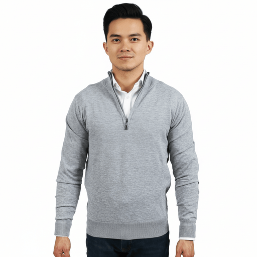 Real Cashmere Light Grey Half Zip Fine Cashmere Blend Mens Sweater