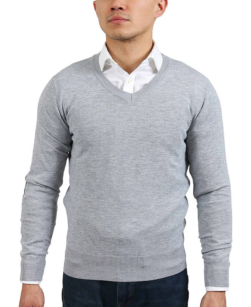 Real Cashmere Light Grey V-Neck Fine Cashmere Blend Mens Sweater-XS