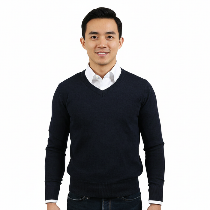 Real Cashmere Dark Blue V-Neck Fine Cashmere Blend Mens Sweater-XS