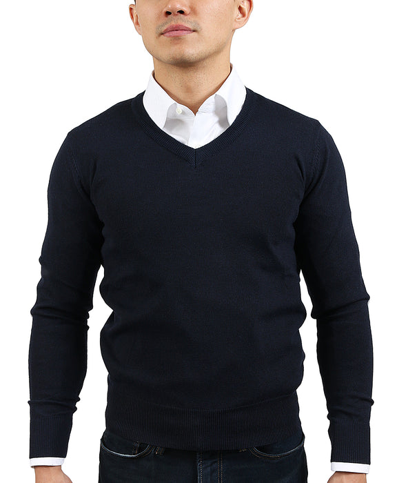 Real Cashmere Dark Blue V-Neck Fine Cashmere Blend Mens Sweater-L
