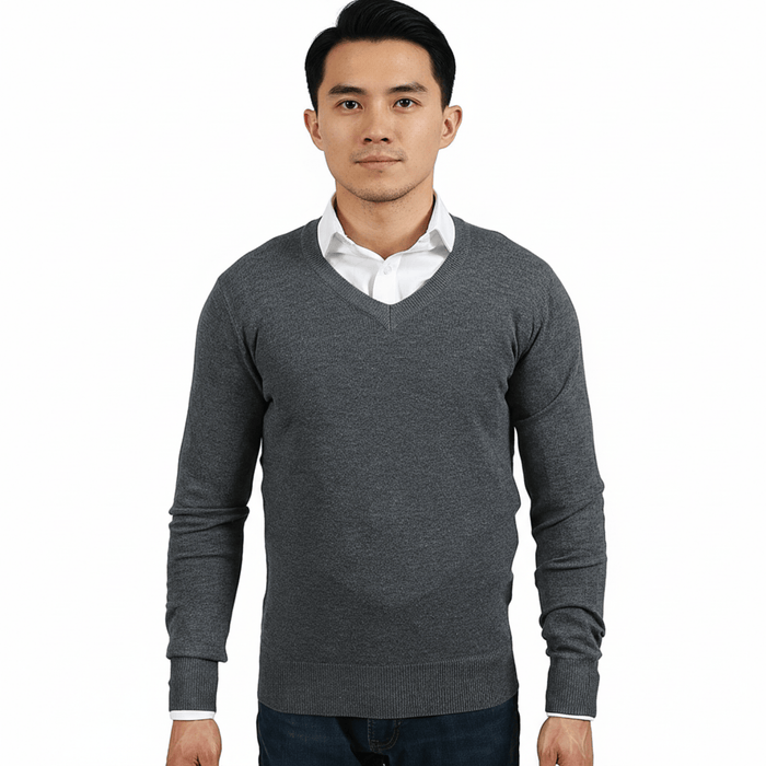 Real Cashmere Anthracite V-Neck Fine Cashmere Blend Mens Sweater-XS