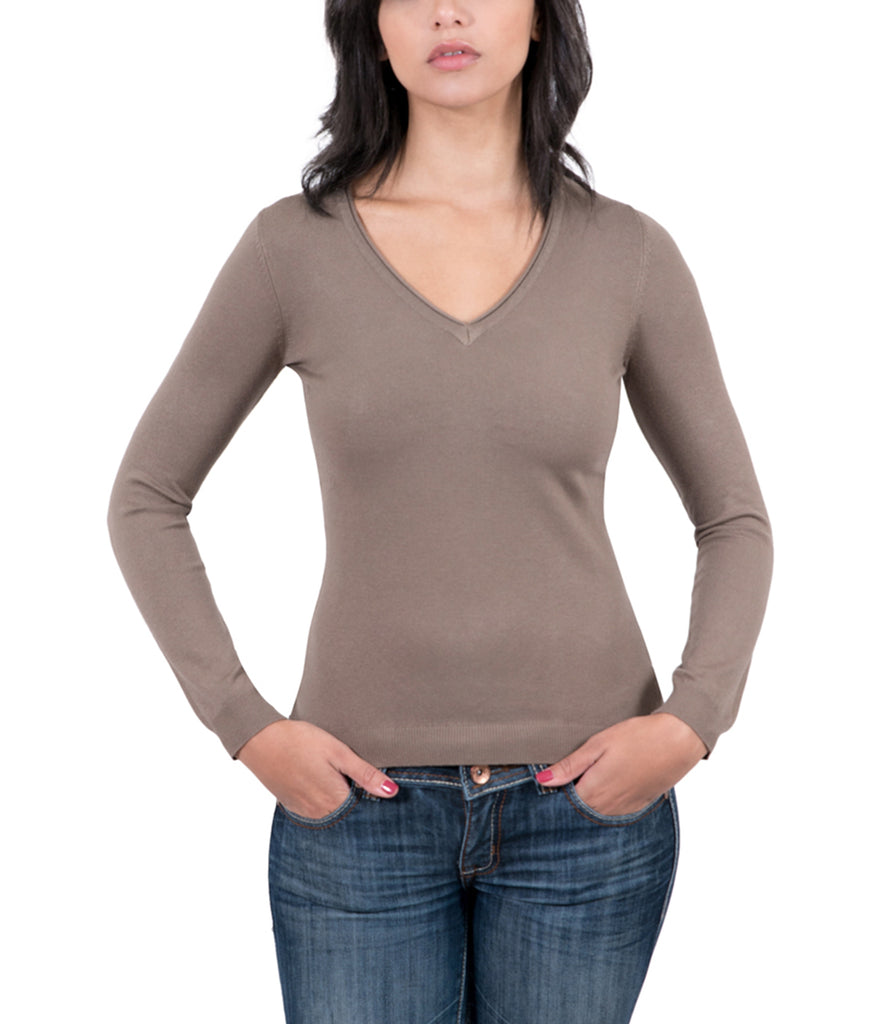 Real Cashmere Brown V-Neck Cashmere Blend WomensSweater-L