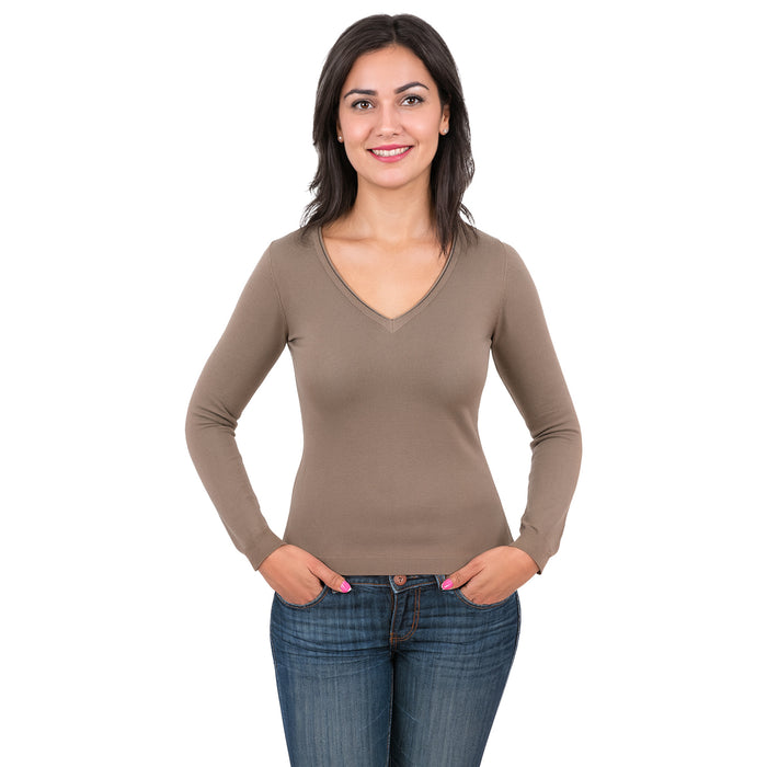 Real Cashmere Brown V-Neck Cashmere Blend WomensSweater-M