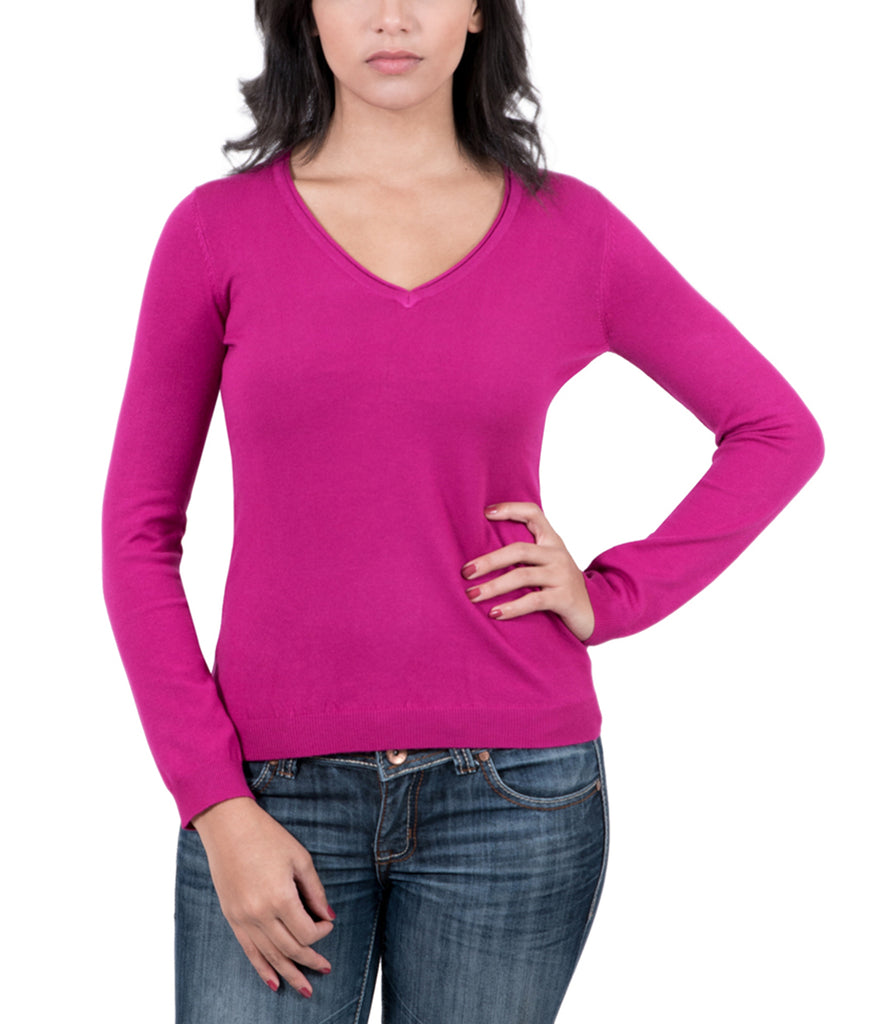 Real Cashmere Fuschia V-Neck Cashmere Blend WomensSweater-L