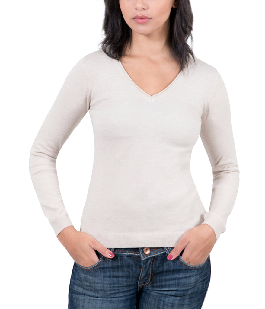 Real Cashmere Beige V-Neck Cashmere Blend WomensSweater-XL